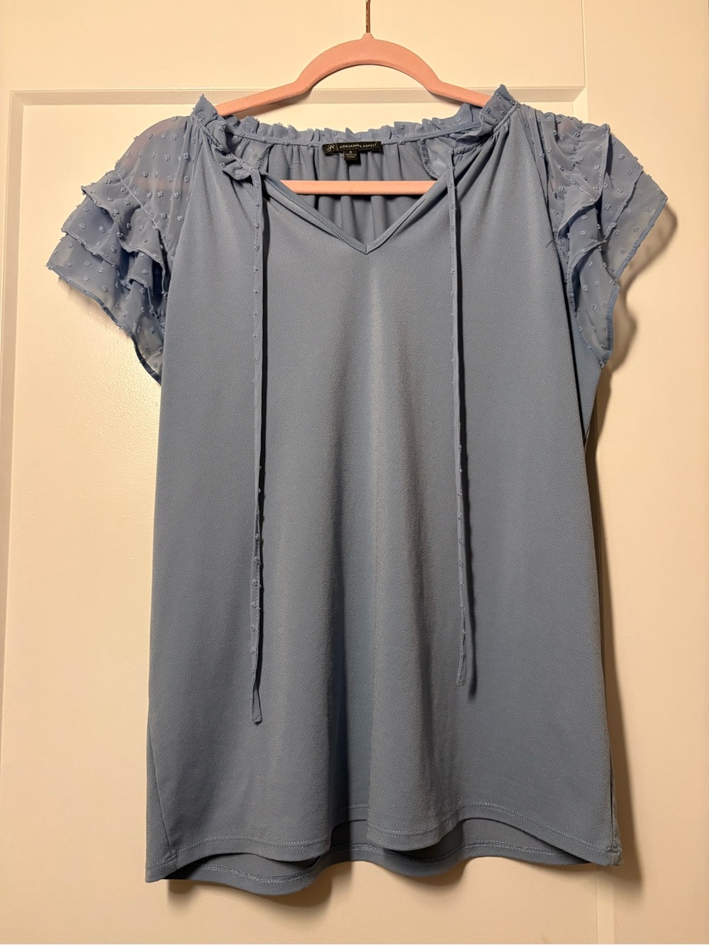Adrianna Papell Light Blue V-Neck Blouse with Ruffled Dot Sleeves